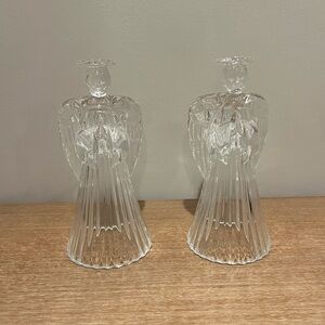 Pair of Vintage Glass Crystal Praying Angel Taper Candleholders.